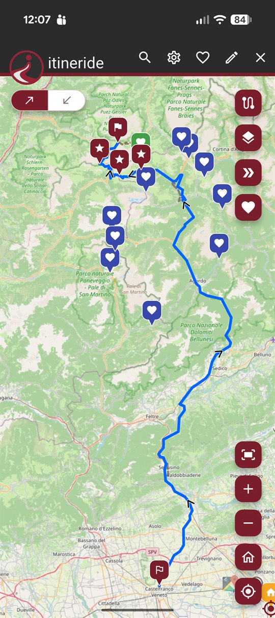 The map covered in saved favourite places along a long route.