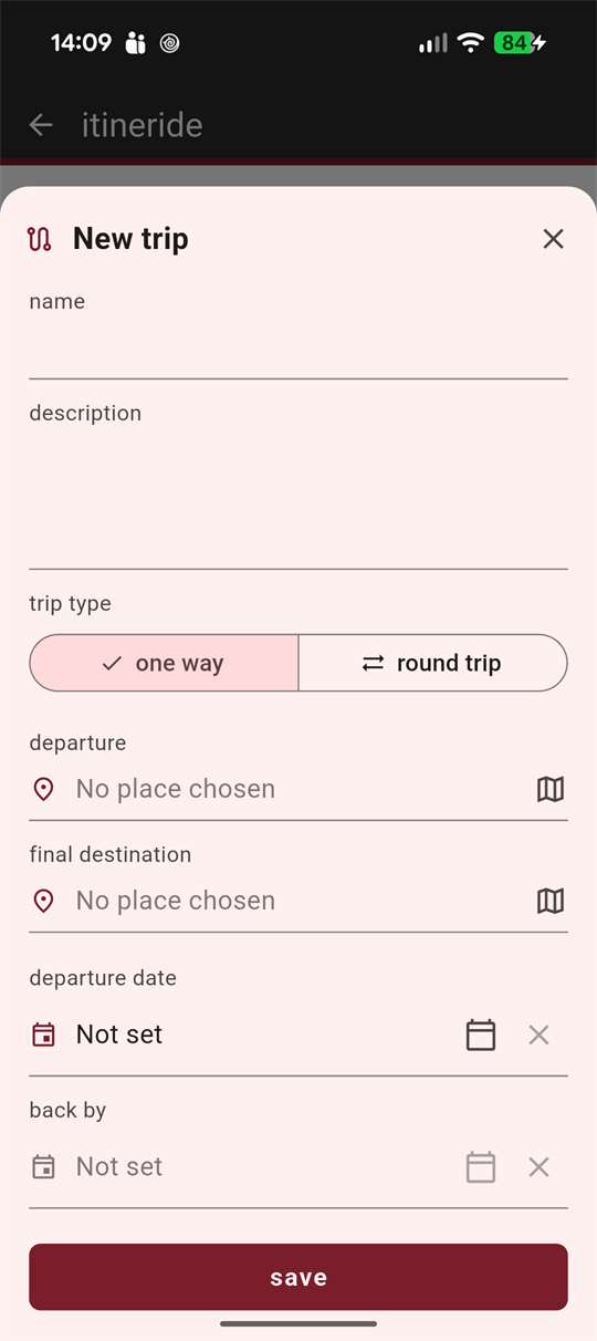 The new trip form: name, description, one way or round trip, departure, destination and dates.