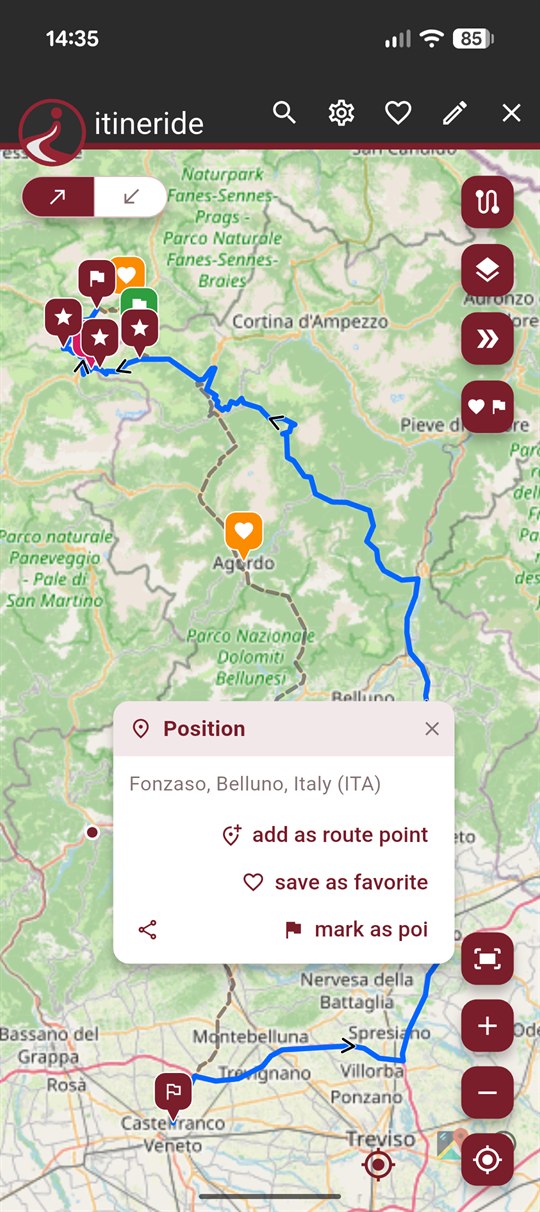 A place tapped on the map, offering to add it as a route point, save it as a favourite or mark it as a point of interest.