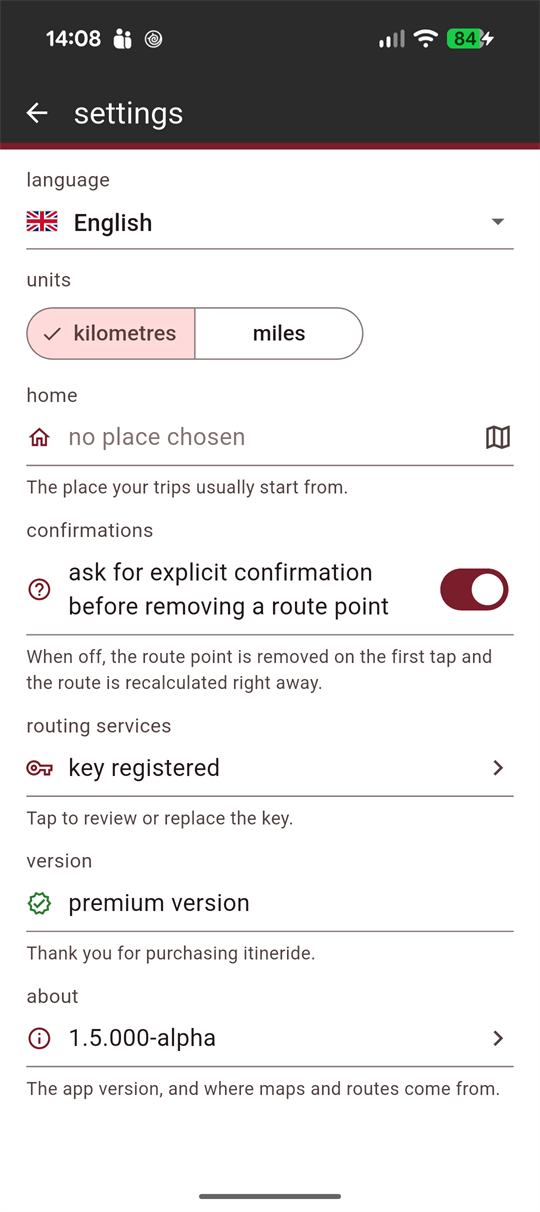 Settings: language, units in kilometres or miles, home place, confirmations and routing key.