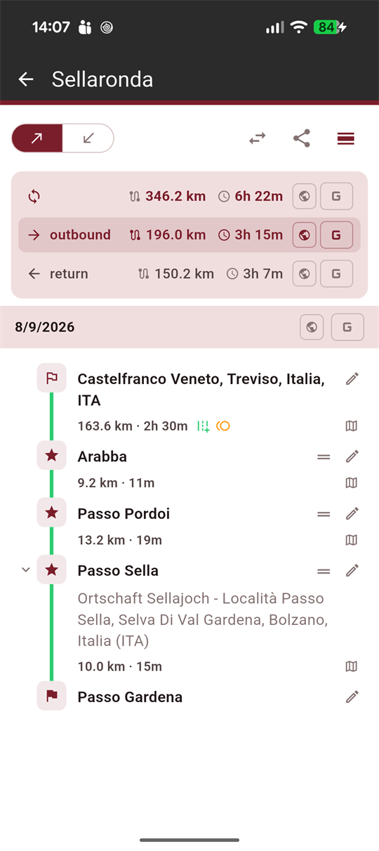 The trip page: outbound and return totals at the top, then the list of stops with the distance and time between each one.