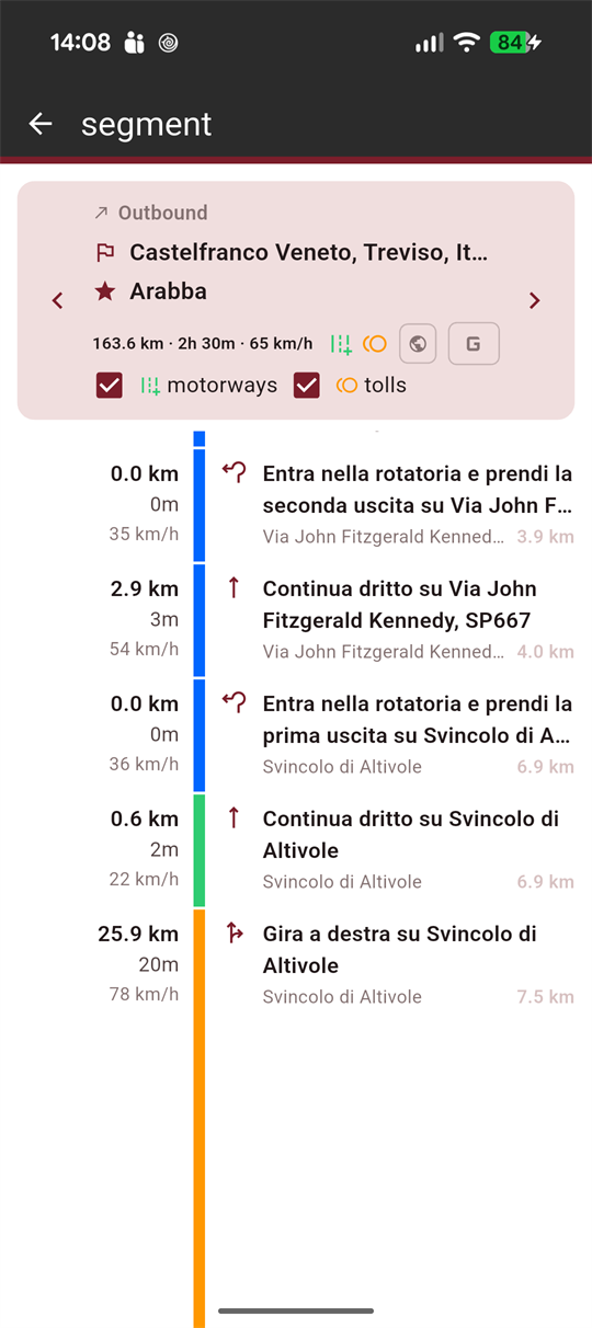 Turn-by-turn directions of one leg, with the motorway and toll switches.