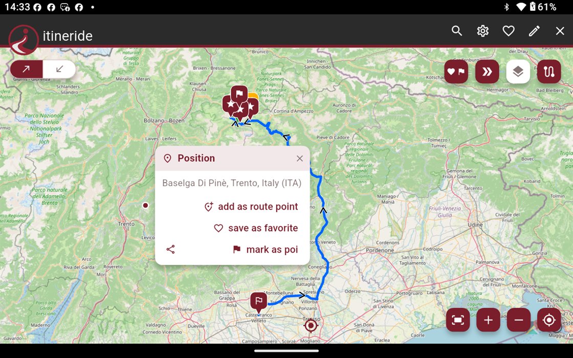 A place picked on the tablet map, offering to add it as a route point, save it as a favourite or mark it as a point of interest.